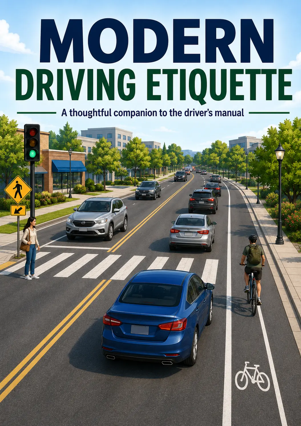 Cover of Modern Driving Etiquette, showing a clear urban street shared by drivers, a cyclist, and a pedestrian